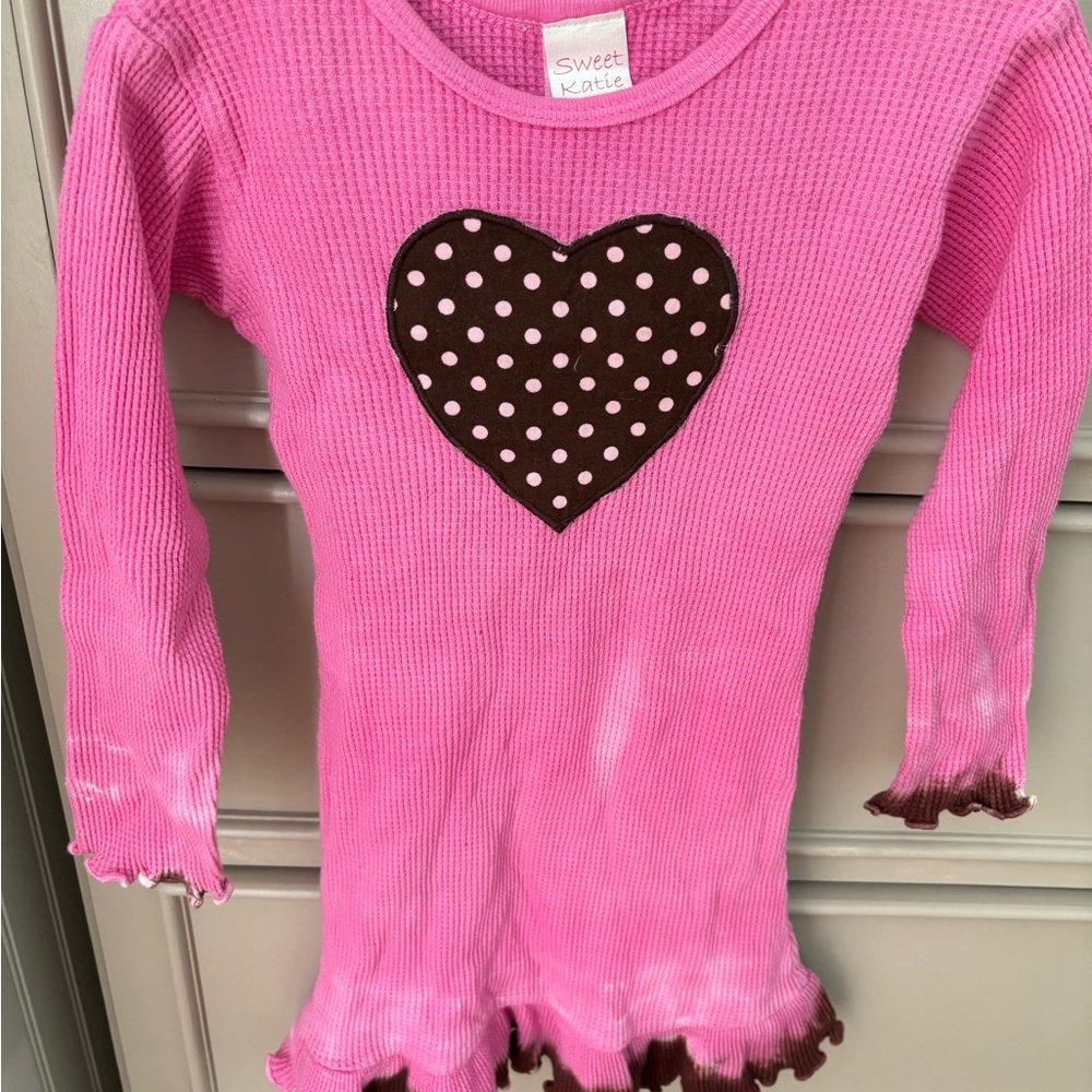 Sweet Katie kids size 4 dress Pink and Brown dot Heart ruffle Long Sleeve